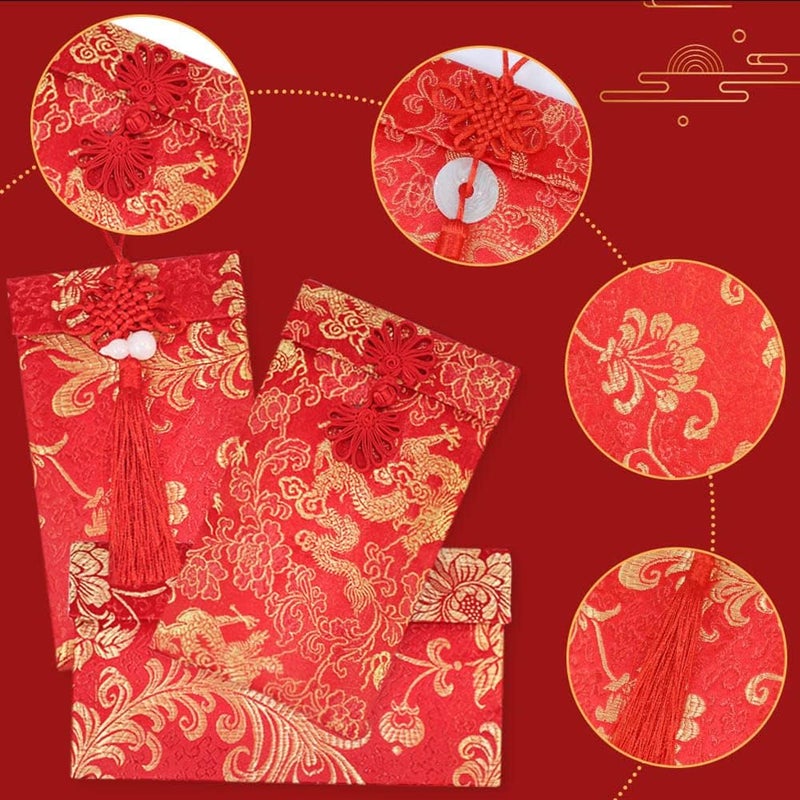 BINBE 4 Pieces Silk Red Envelope Chinese Red Pocket Lucky Money Hong Bao Card Envelope for Spring Festival Wedding New Year Birthday, 4 Styles with Chinese Knot Jade Pendant Copper Coin (4) - Image 4